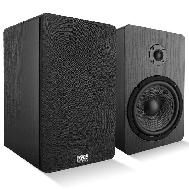 PyleUsa Home Theater Wooden Bookshelf Speakers WallMountable with 075 Silk Dome Tweeter and Aluminum Voice Coils Pair Neat Black Color Gold Plated 5 Way Binding Post PSMSP6