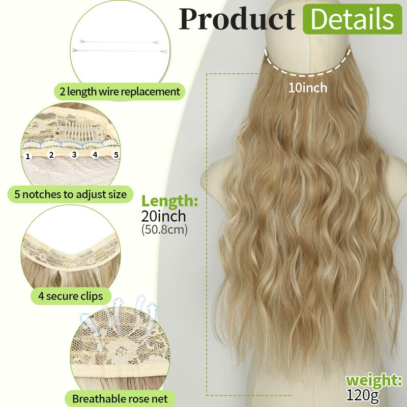 KooKaStyle Invisible Wire Hair Extensions with Transparent Wire Adjustable Size 4 Secure Clips Long Wavy Curly Secret Synthetic Hairpieces(20 Inch,Dark Ash Blonde mix Light Blonde Highlights) - Image 2