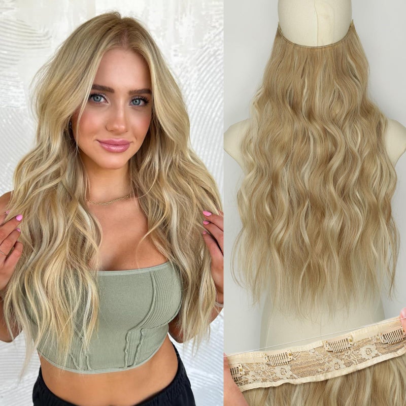 KooKaStyle Invisible Wire Hair Extensions with Transparent Wire Adjustable Size 4 Secure Clips Long Wavy Curly Secret Synthetic Hairpieces(20 Inch,Dark Ash Blonde mix Light Blonde Highlights) - Image 1