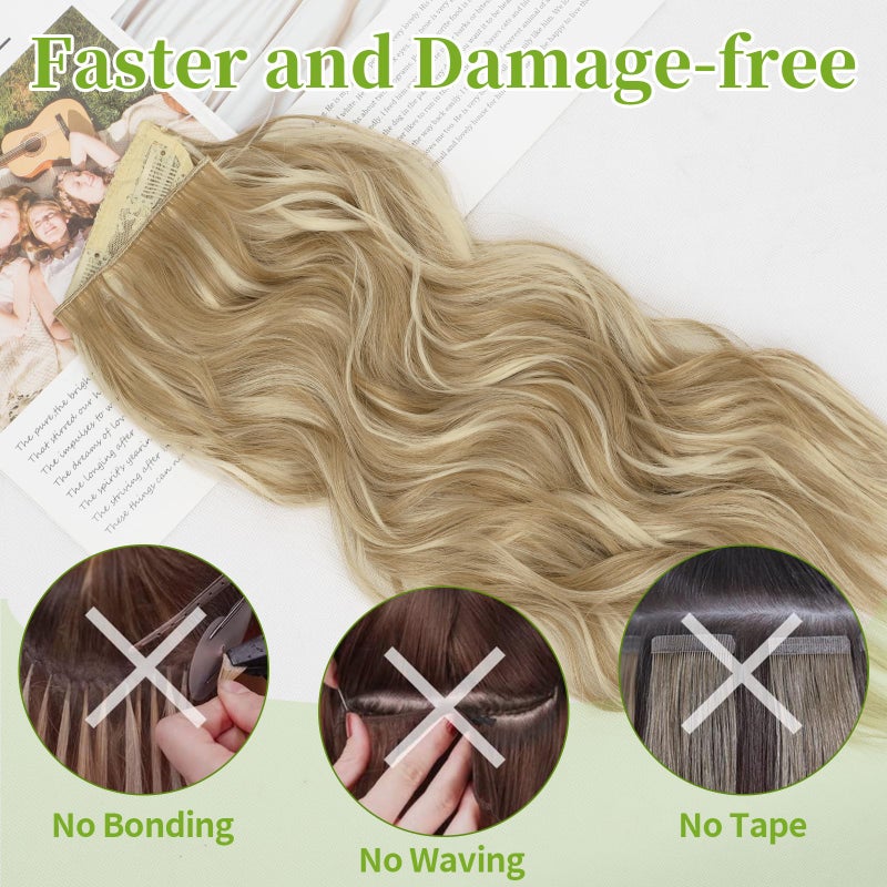 KooKaStyle Invisible Wire Hair Extensions with Transparent Wire Adjustable Size 4 Secure Clips Long Wavy Curly Secret Synthetic Hairpieces(20 Inch,Dark Ash Blonde mix Light Blonde Highlights) - Image 3