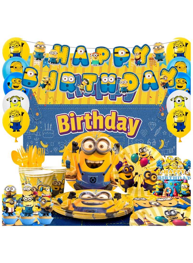 ILovhaprty Minions Birthday Decorations for 10 Guests, 99pcs Minions Party Decorations & Minions Party Tableware Set - Minions Party Plates Cups Napkins Backdrop Balloon Banner etc Minions Party Supplies - Image 1