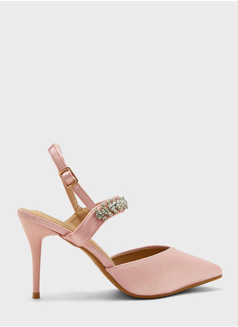 Jewelled Strap Satin Pointed Pump