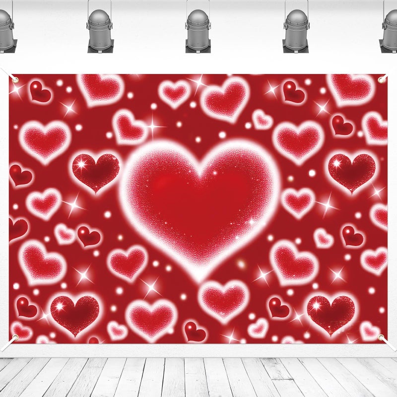 Kreyfer 7 x 5 FT Red Heart Valentineâ€™s Day Backdrop â€“ Romantic Sparkling Heart Photography Background for Wedding, Engagement, Birthday, and Love-Themed Party Decorations - Image 1