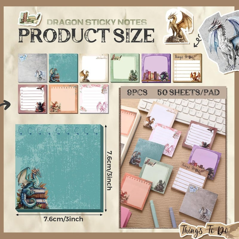 Saypacck 9 Pads Dragon Sticky Notes 3x3 Inch Cute Self Stick Notepads Notes Adhesive Memo Pad Office Decor Gifts for Students School Teacher Meeting Office Supplies - Image 2