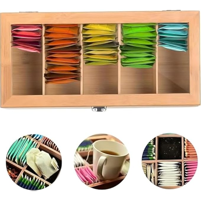 YelaJoy Tea Bag Organizer Storage Box Tea Storage Chest Case Tea Bag Sorter Jewelry Organizer Storage Box With Transparent Hinged Lid For Any Home Restaurant Office 5 Compartments30X20X9Cm - Image 5