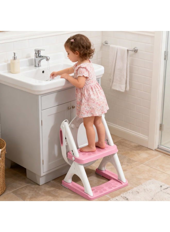 SKYROKU Potty Training Seat for Toddlers – 2-in-1 Adjustable Potty Ladder with Step Stool, Anti-Slip Cushion, Splash Guard & Extra-Wide Pedals, Supports 200+ lbs, Ideal for Boys & Girls (Pink) - Image 3