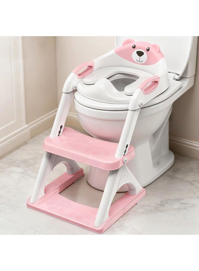 SKYROKU Potty Training Seat for Toddlers – 2-in-1 Adjustable Potty Ladder with Step Stool, Anti-Slip Cushion, Splash Guard & Extra-Wide Pedals, Supports 200+ lbs, Ideal for Boys & Girls (Pink) - Image 1