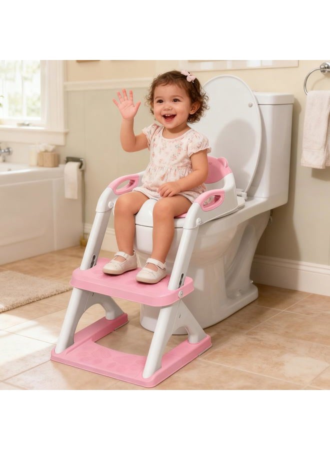 SKYROKU Potty Training Seat for Toddlers – 2-in-1 Adjustable Potty Ladder with Step Stool, Anti-Slip Cushion, Splash Guard & Extra-Wide Pedals, Supports 200+ lbs, Ideal for Boys & Girls (Pink) - Image 2