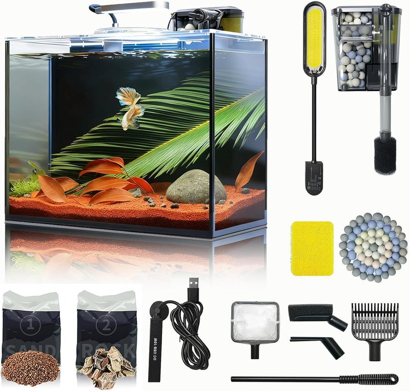 Wonderfactory 3 Gallon Small Fish Tank Glass Aquarium Set, Starter Kit with Heater Water Pump Cleaning Filter Bright Light Rocks Gravel Cleaning Tool, Leak-Proof Clear Rimless Desktop Spaces Saving Betta Fish - Image 1