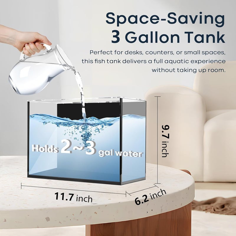 Wonderfactory 3 Gallon Small Fish Tank Glass Aquarium Set, Starter Kit with Heater Water Pump Cleaning Filter Bright Light Rocks Gravel Cleaning Tool, Leak-Proof Clear Rimless Desktop Spaces Saving Betta Fish - Image 4