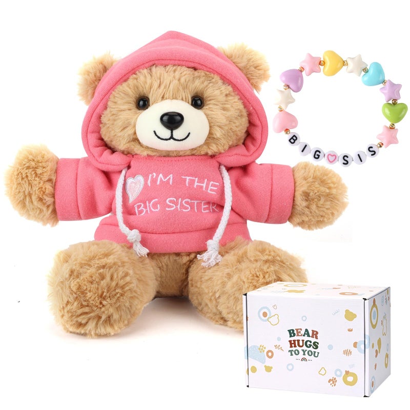 Osacoe â€œIâ€™m The Big Sisterâ€ Teddy Bear Stuffed Animal with Gift Box Removable Pink Hoodie Bracelet, Big Sister Gifts for Girls Who Promoted to Big Sister with Beautiful Greeting Card - Image 1