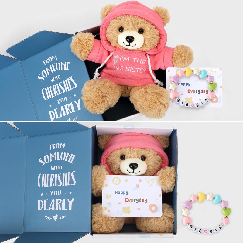 Osacoe â€œIâ€™m The Big Sisterâ€ Teddy Bear Stuffed Animal with Gift Box Removable Pink Hoodie Bracelet, Big Sister Gifts for Girls Who Promoted to Big Sister with Beautiful Greeting Card - Image 2