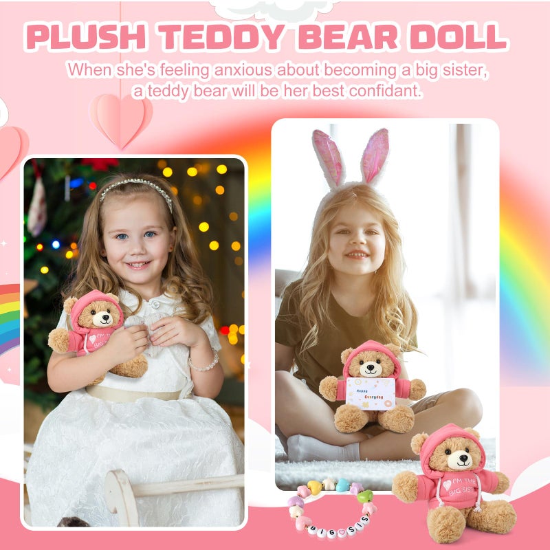Osacoe â€œIâ€™m The Big Sisterâ€ Teddy Bear Stuffed Animal with Gift Box Removable Pink Hoodie Bracelet, Big Sister Gifts for Girls Who Promoted to Big Sister with Beautiful Greeting Card - Image 3
