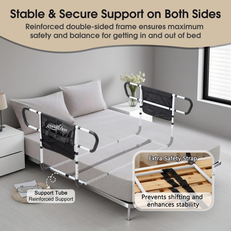 goodleben Double Bed Rail for Elderly Adults Safety, Adjustable Bed Assist Rail, Dual Side Bed Rail for Seniors Safety, Under Mattress Bed Guard Rail for Fall Prevention, Fits Twin/Full/Queen Beds - Image 3