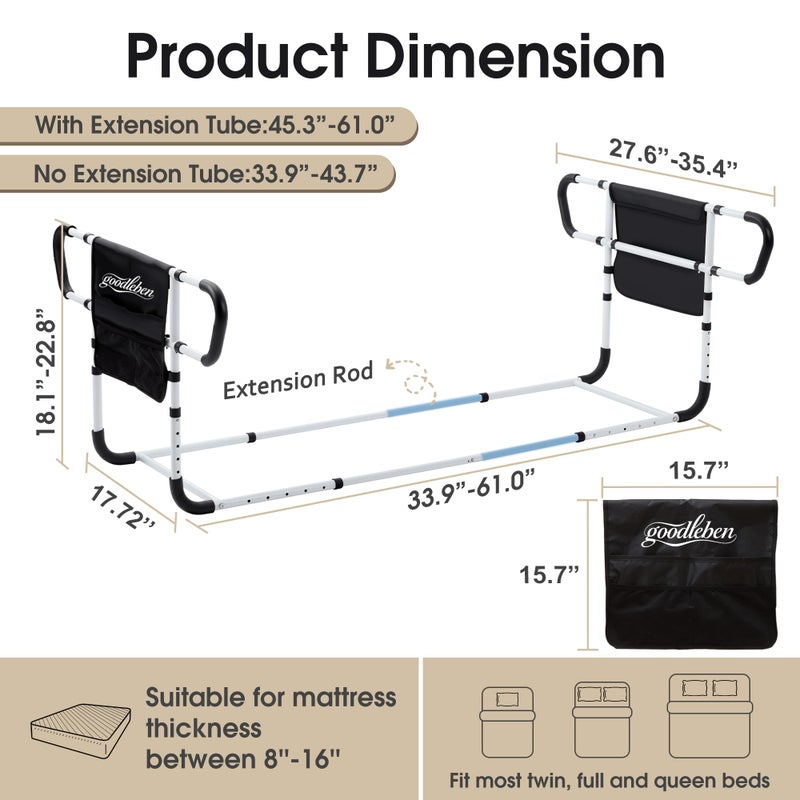goodleben Double Bed Rail for Elderly Adults Safety, Adjustable Bed Assist Rail, Dual Side Bed Rail for Seniors Safety, Under Mattress Bed Guard Rail for Fall Prevention, Fits Twin/Full/Queen Beds - Image 2