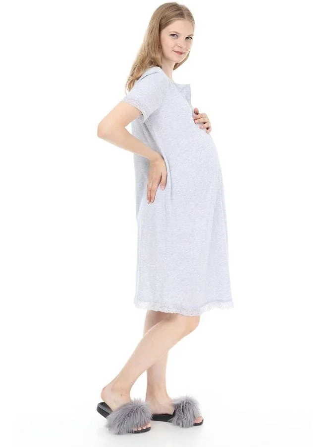 LuvmaBelly Myra9590 Front Buttoned Lace Maternity Nightgown - Grey.