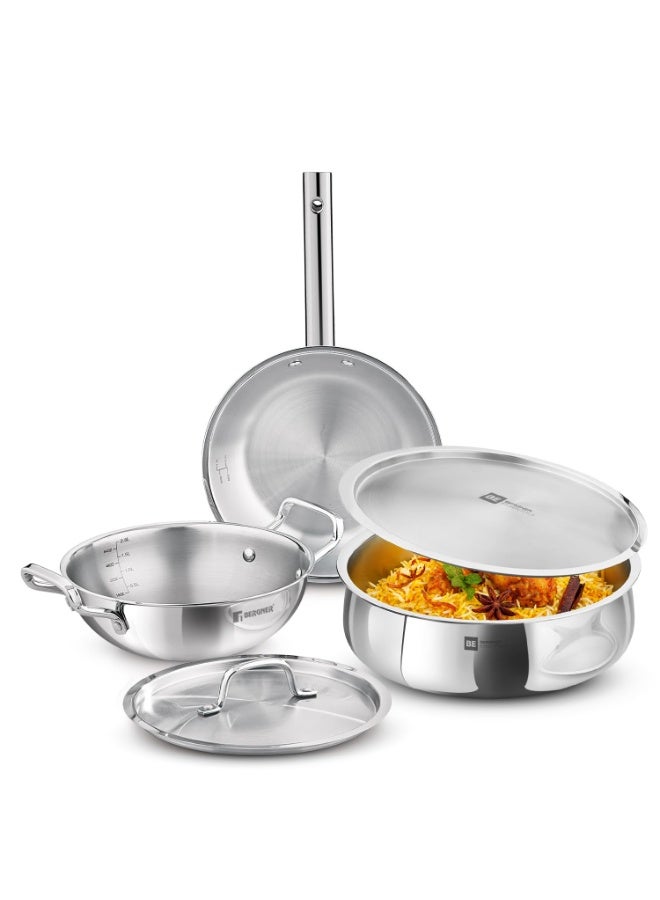 Bergner Tripro BE Essentials 5 Pcs Triply Cookware Set - 24cm Kadai with Lid, 22cm Frypan and 28cm (6.4L) Biryani Handi with Lid, Less Oil Use, Healthy Cooking - Induction and Gas Stove Ready - Image 1