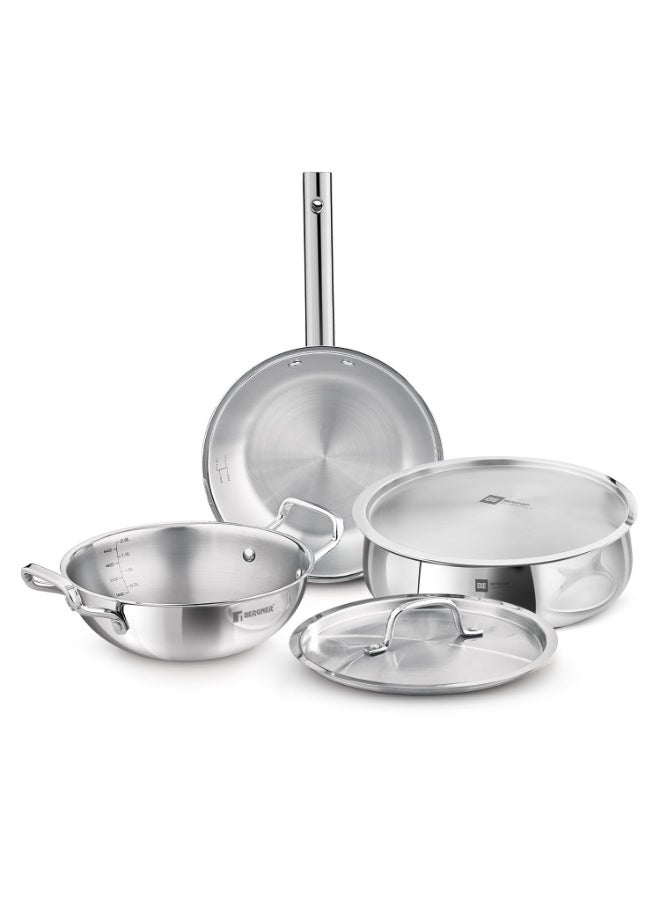 Bergner Tripro BE Essentials 5 Pcs Triply Cookware Set - 24cm Kadai with Lid, 22cm Frypan and 28cm (6.4L) Biryani Handi with Lid, Less Oil Use, Healthy Cooking - Induction and Gas Stove Ready - Image 4