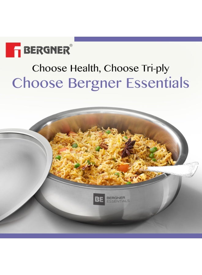 Bergner Tripro BE Essentials 5 Pcs Triply Cookware Set - 24cm Kadai with Lid, 22cm Frypan and 28cm (6.4L) Biryani Handi with Lid, Less Oil Use, Healthy Cooking - Induction and Gas Stove Ready - Image 2
