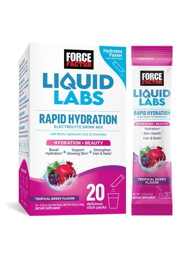 Force Factor Liquid Labs Beauty, Hydration Packet for Stronger Hair, Skin & Nails. Electrolytes powder with Hyaluronic Acid, Biotin, and Ceramides. Tropical Berry Flavor, 20 Stick Packs  - Image 1