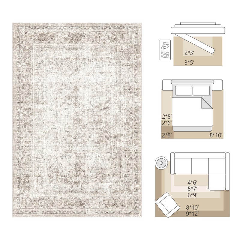 FMFUNCTEX 8x10 Washable Area Rug Beige Vintage Neutral Distressed Large Non Slip Carpet for Living Room Bedroom Soft Low Pile Indoor Mat Retro Floral Throw Rug for Dining Room Kitchen Office Nursery - Image 2
