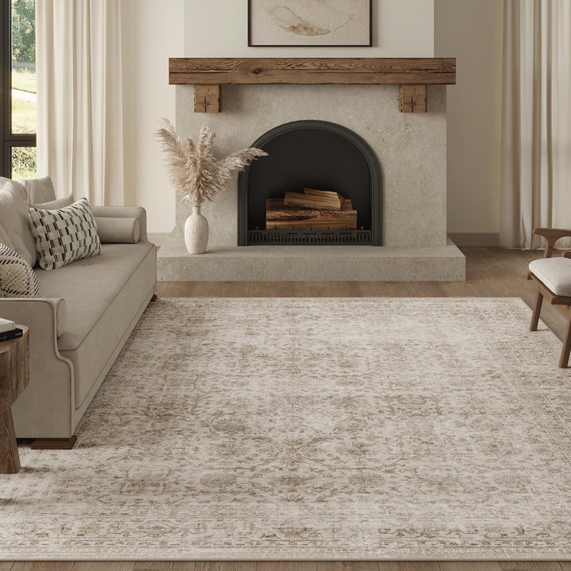 FMFUNCTEX 8x10 Washable Area Rug Beige Vintage Neutral Distressed Large Non Slip Carpet for Living Room Bedroom Soft Low Pile Indoor Mat Retro Floral Throw Rug for Dining Room Kitchen Office Nursery - Image 1