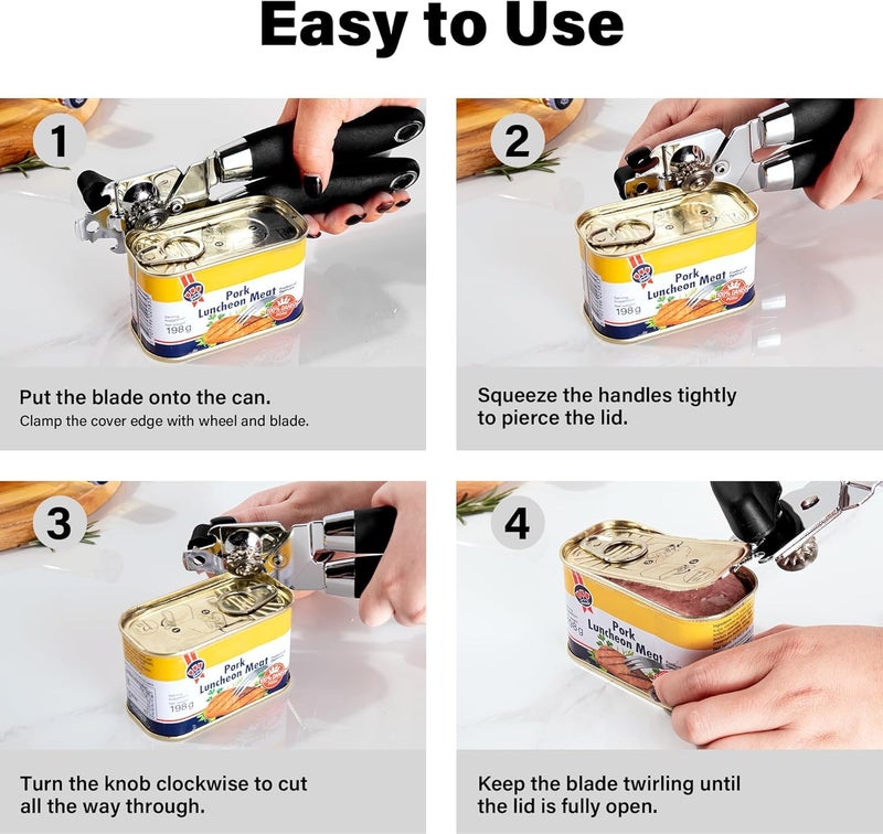 Rexez Can Opener, Manual Heavy Duty Can Opener with Smooth Edge, Sharp Stainless Steel Blade, Good Soft Handles, Non-Slip Handle | Black - Image 5