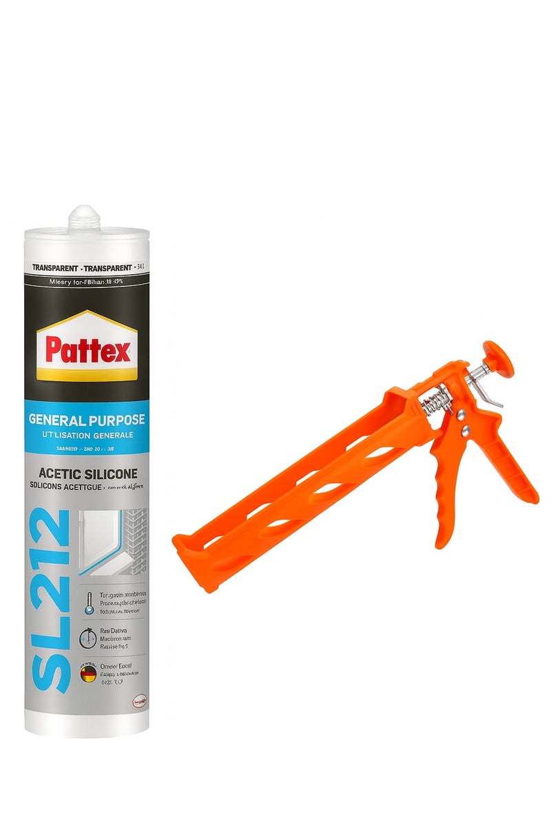 Pattex Transparent Acetic Silicone Sealant With Silicone Gun,280ml,SL212,General Purpose Silicone - Image 1