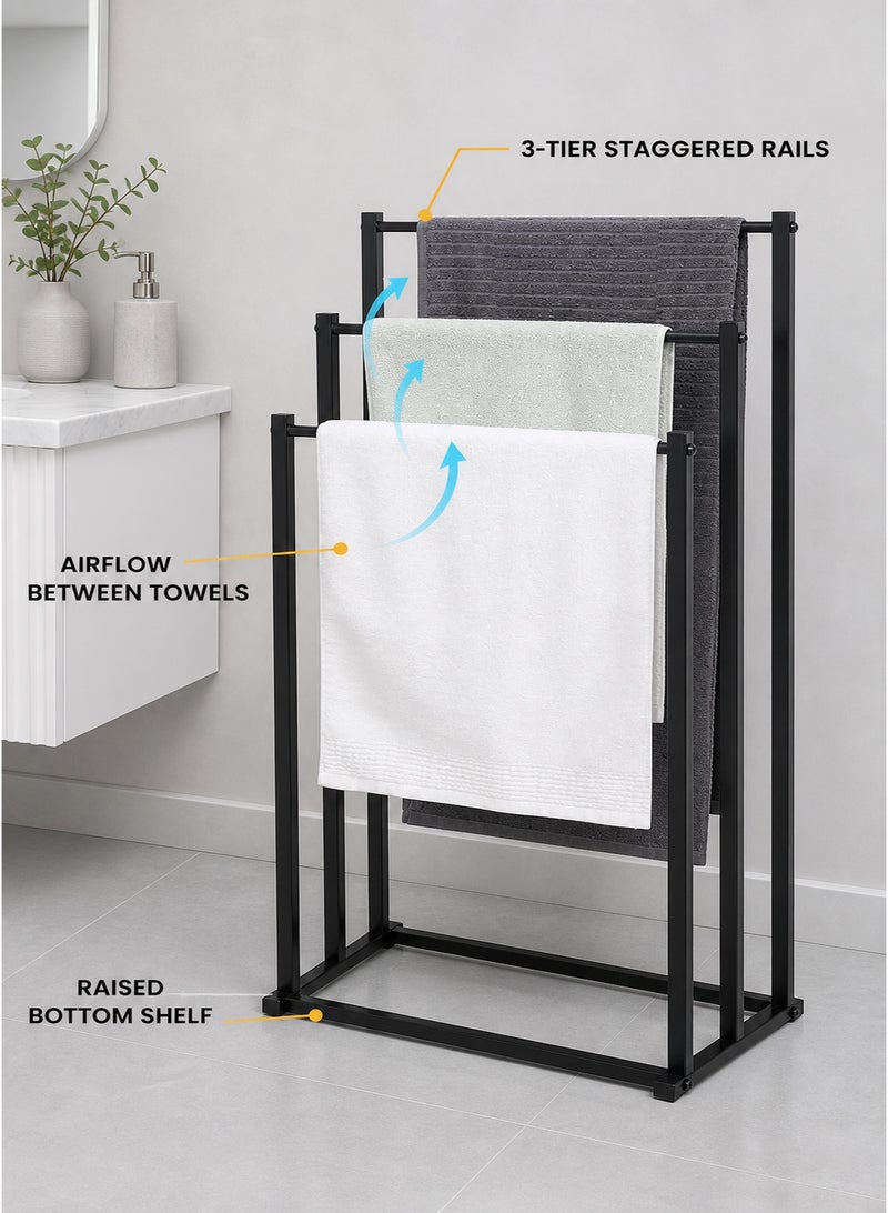 XiuWoo 3-Tier Large Capacity Freestanding Metal Folding Towel Rack, Anti-rust Coating Metal Ladder Towel Holder, Drying Stand, Bathroom Bath Organizer Rack for Space Saving - Image 2