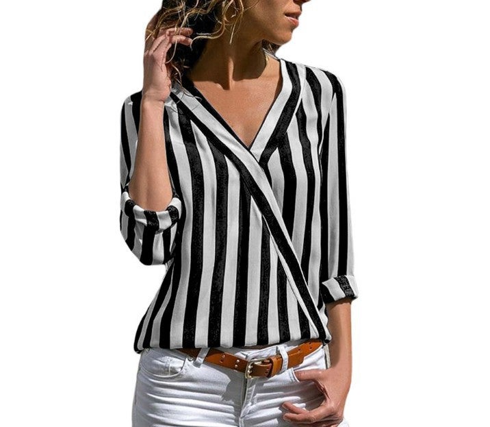 New Striped V-Neck Womens Long Sleeve Shirt Black - Image 5