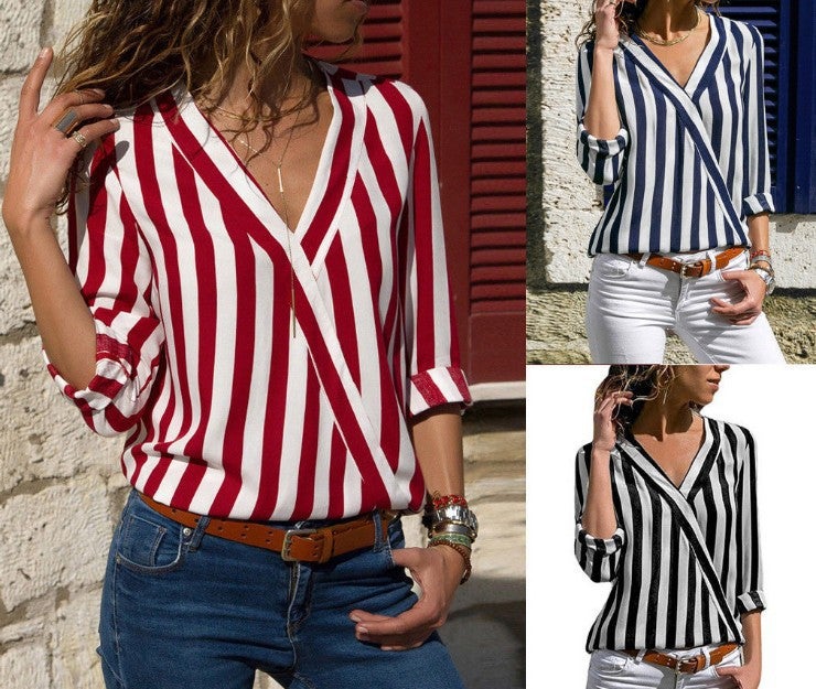New Striped V-Neck Womens Long Sleeve Shirt Black - Image 3