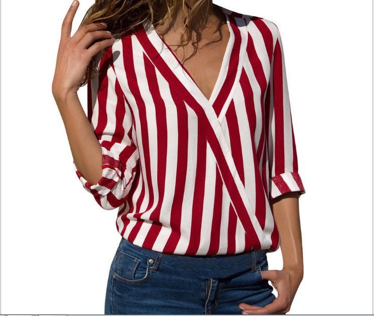 New Striped V-Neck Womens Long Sleeve Shirt Black - Image 4