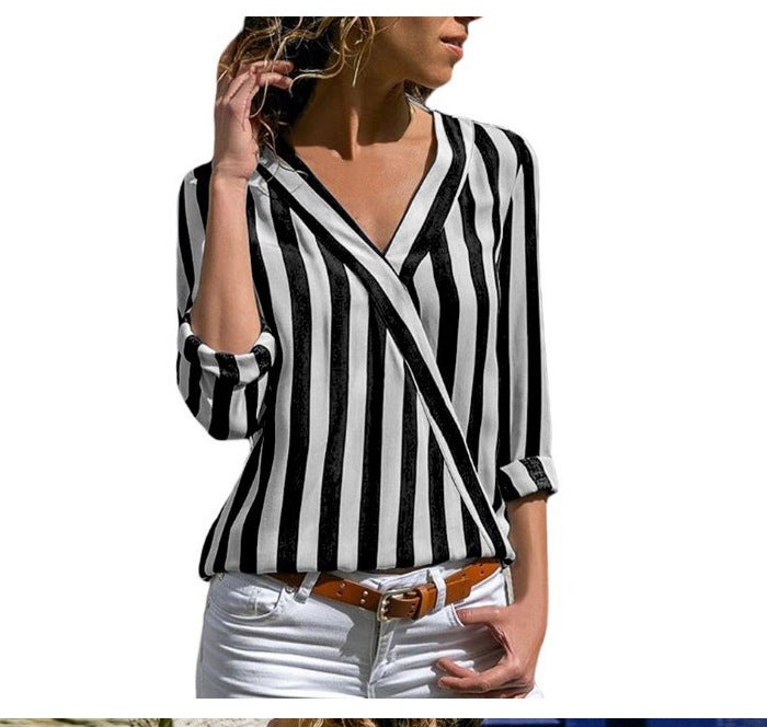 New Striped V-Neck Womens Long Sleeve Shirt Black - Image 1