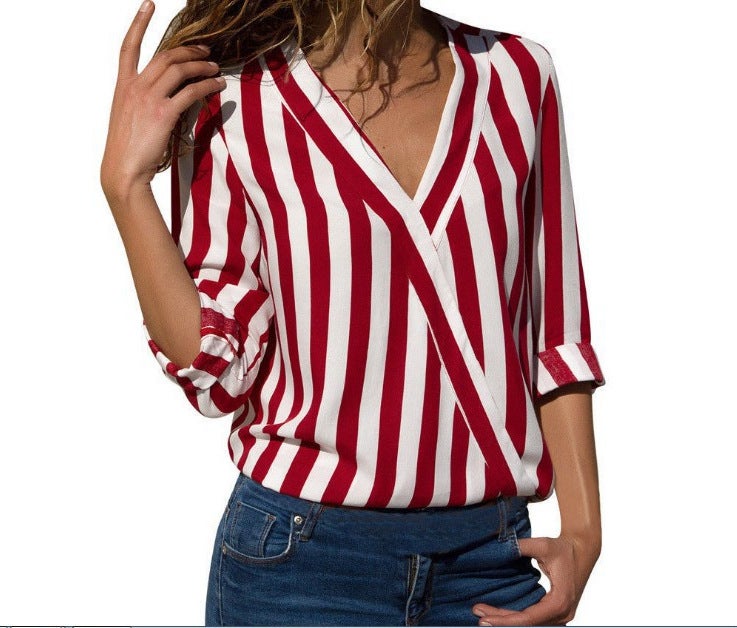 New Striped V-Neck Womens Long Sleeve Shirt Black - Image 2