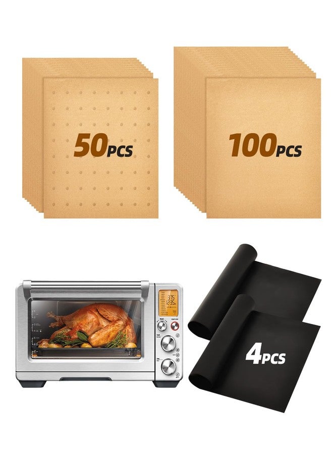 MMH 154PCs Paper Liners Compatible with Breville BOV900BSS Smart Convection Oven Air Fryer Pro Accessories, 100PCs Unbleached Parchment Paper, 50PCs Disposale Liners with Holes, 4PCs Reusable Baking Mats - Image 1