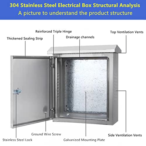 Yeaborn 304 Stainless Steel Electrical Box 16'' x 12'' x 8'' Outdoor Electrical Enclosure Box 16" H x 12" W x 8" D with Mounting Plate Weatherproof Anti-Rust and Anti-Corrosion - Image 3