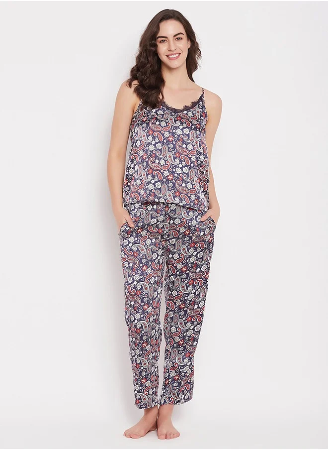 كلوفيا Clovia Paisley Print Cami Top & Pyjama Set in Navy - Satin