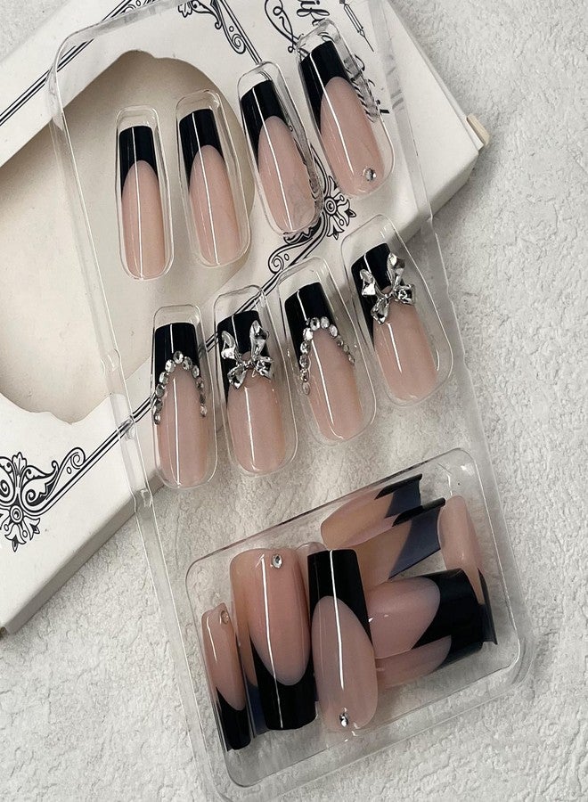 Jremg Black French Press On Nails Medium Square 24Pcs Set With 3D Silver Metal Bow Charms Design Y2K Silver Rhinestones Glossy Acrylic Reusable Stick On Nails For Women - Image 2