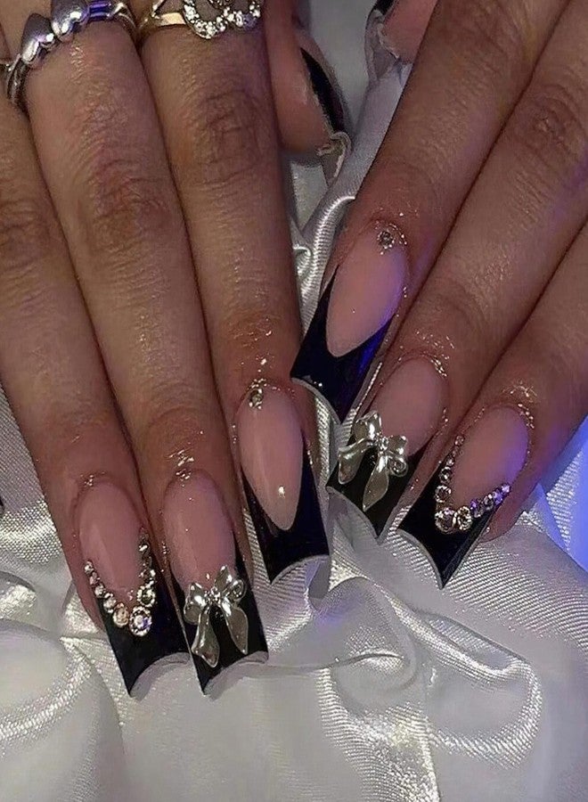 Jremg Black French Press On Nails Medium Square 24Pcs Set With 3D Silver Metal Bow Charms Design Y2K Silver Rhinestones Glossy Acrylic Reusable Stick On Nails For Women - Image 1