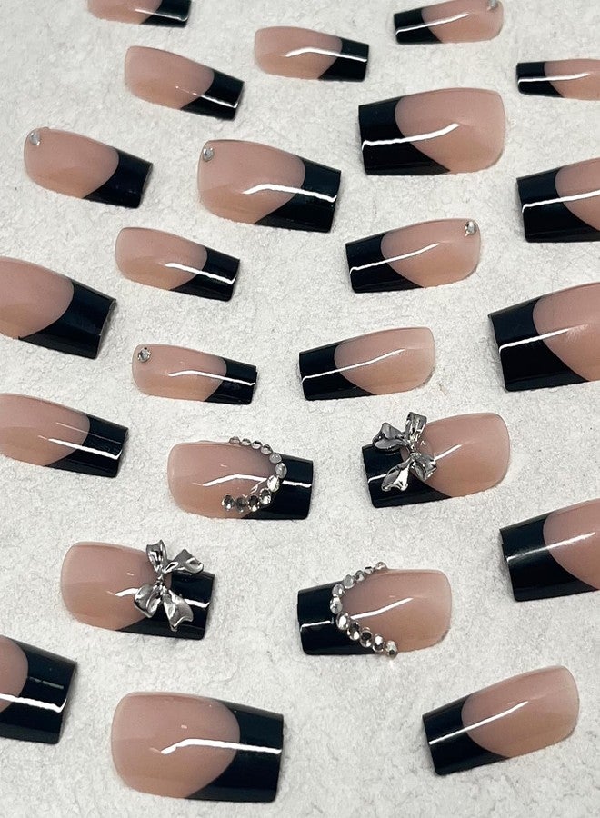 Jremg Black French Press On Nails Medium Square 24Pcs Set With 3D Silver Metal Bow Charms Design Y2K Silver Rhinestones Glossy Acrylic Reusable Stick On Nails For Women - Image 3