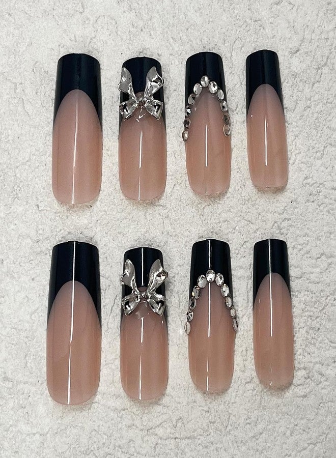 Jremg Black French Press On Nails Medium Square 24Pcs Set With 3D Silver Metal Bow Charms Design Y2K Silver Rhinestones Glossy Acrylic Reusable Stick On Nails For Women - Image 4