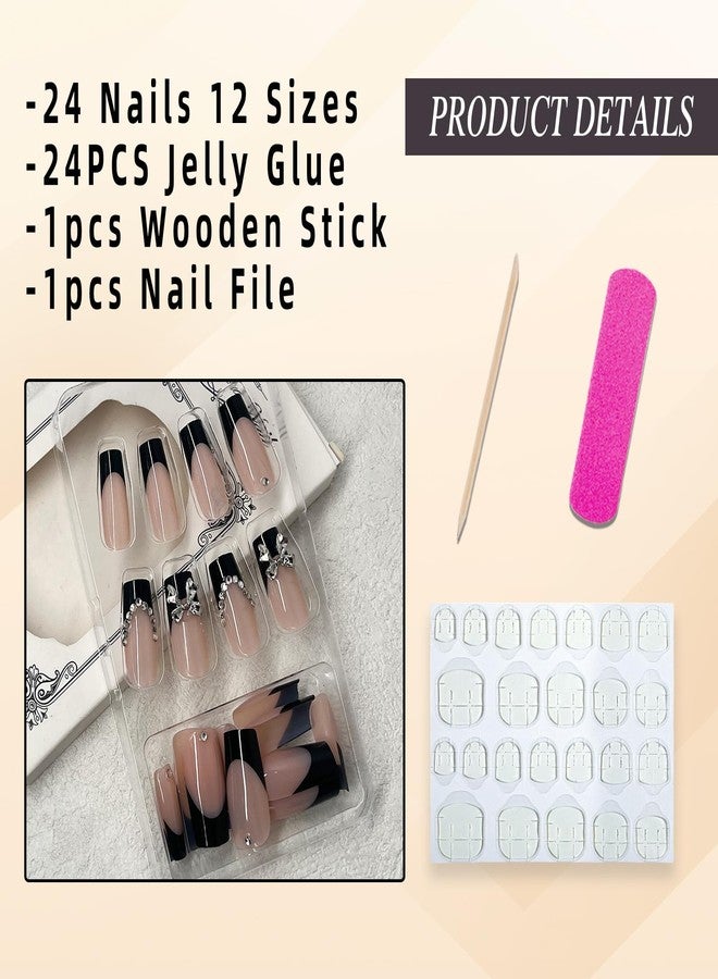 Jremg Black French Press On Nails Medium Square 24Pcs Set With 3D Silver Metal Bow Charms Design Y2K Silver Rhinestones Glossy Acrylic Reusable Stick On Nails For Women - Image 5