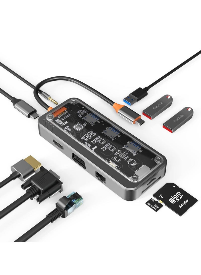 Captaintech USB C HUB, 10-in-1 USB C Adapter Docking Station with 4K HDMI, VGA, Type C PD, USB3.0, RJ45 Ethernet, SD/TF Card Reader, 3.5mm AUX, Multiport Adapter for MacBook Pro/Air, XPS, Type C Devices - Image 1