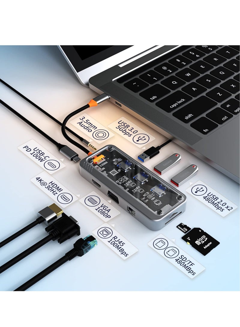 Captaintech USB C HUB, 10-in-1 USB C Adapter Docking Station with 4K HDMI, VGA, Type C PD, USB3.0, RJ45 Ethernet, SD/TF Card Reader, 3.5mm AUX, Multiport Adapter for MacBook Pro/Air, XPS, Type C Devices - Image 2