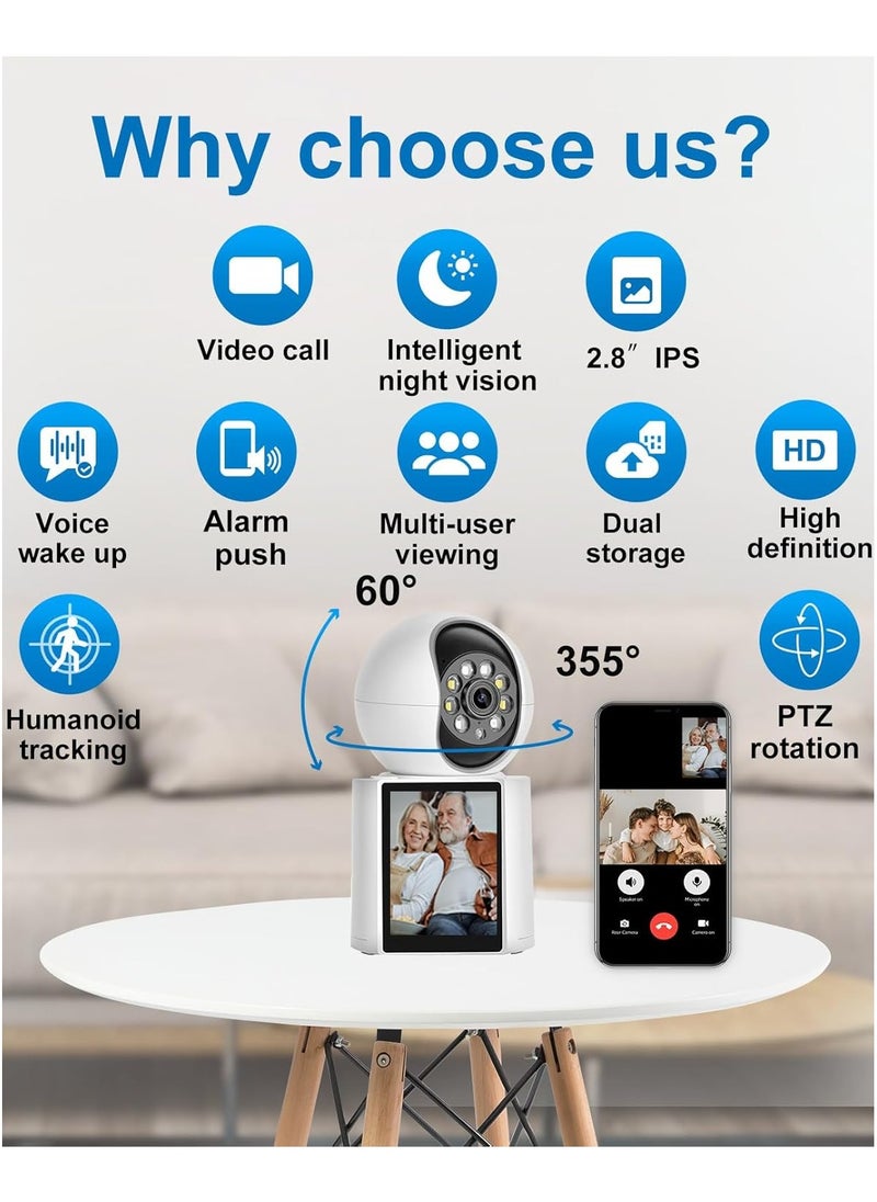 FARROBIZZ 2K Two-Way Video Calling Indoor Camera with 2.8-Inch IPS Screen, Baby/Elder/Dog/Pet Camera with Phone App, Smart Voice & One-Button Call, Human/Sound/Crying Detection, Color/IR Night Vision  - Image 2