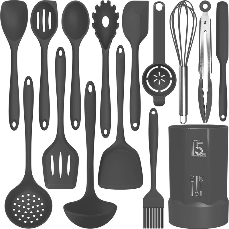 AOTHOD Silicone Cooking Utensils Set - 446Â°F Heat Resistant Kitchen Utensils,Spatula Sets,Turner Tongs,Spoon,Kitchen Utensil Gadgets Tools Set for Nonstick Cookware,Dishwasher Safe BPA Free (Gray) - Image 1