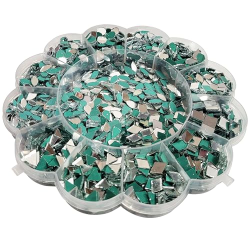 INDIKONB Craft Mirrors Set with Storage Box | Glass Pieces for Lippan Art, Crafts, and Jewelry Making - Combo Set of 12 Shapes, 4-11mm (Silver 2) - Image 1