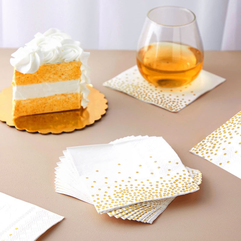 Juvale 100 Pack Disposable White and Gold Paper Cocktail Napkins for Wedding Reception  Polka Dot Party Supplies (5 x 5 In) - Image 3