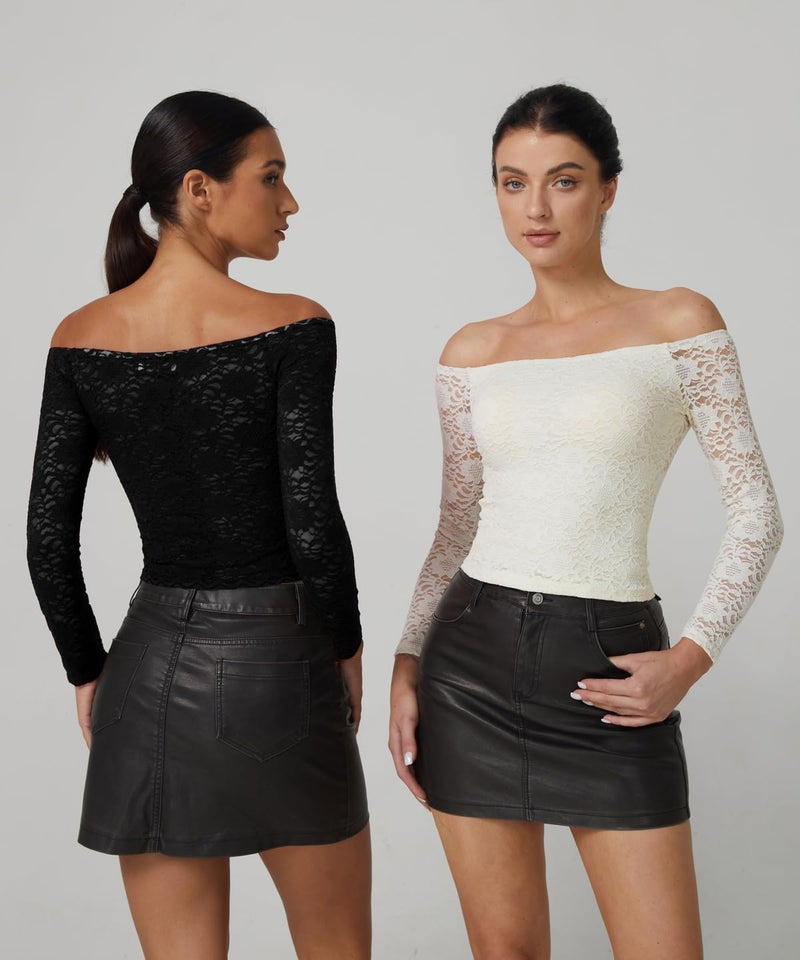 QINSEN Off Shoulder Tshirts for Women Lace Trim Long Sleeve Double Lined Y2k Trendy Tops Black M - Image 3