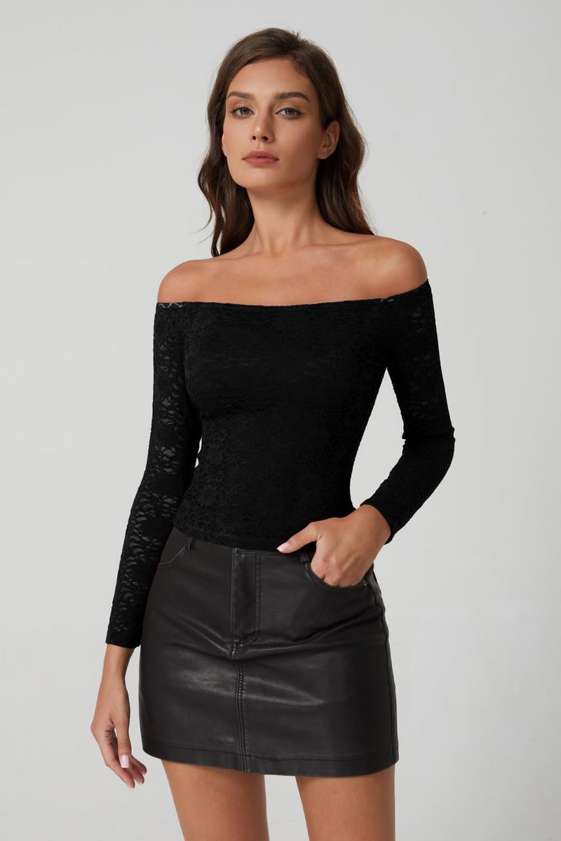 QINSEN Off Shoulder Tshirts for Women Lace Trim Long Sleeve Double Lined Y2k Trendy Tops Black M - Image 2